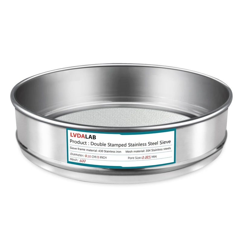 LVDALAB 304 Stainless Steel Mesh Lab Sieve, 600 Mesh(0.025mm) Aperture Test Sieve, 7.9Inch(20cm) Diameter Economy Standard Analysis Sample Test Sieves for Industrial Laboratory Homes - Image 1